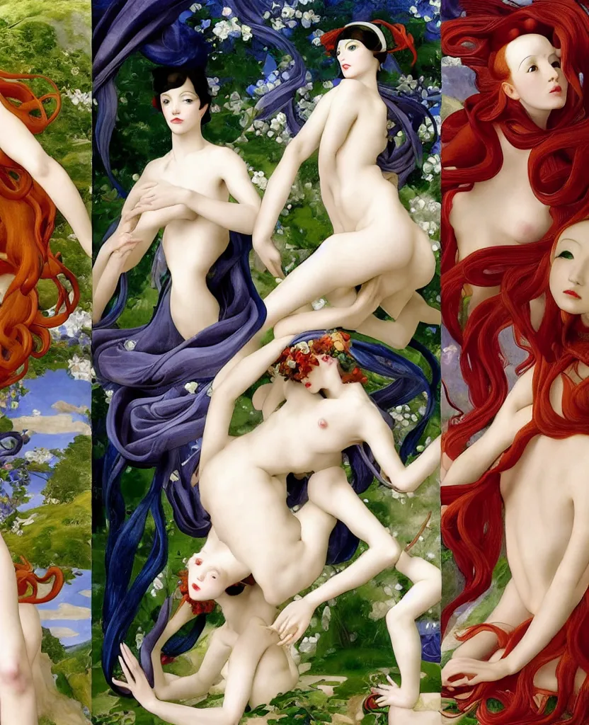 Prompt: 12 figures as 4 seasons of the year, (3 as Spring, 3 as Summer, 3 as Autumn, 3 as Winter), in a mixed style of Æon Flux, Peter Chung, Botticelli, and John Singer Sargent, inspired by pre-raphaelite paintings, shoujo manga, and cool Japanese cyberpunk street fashion, dramatic colors, jungian symbolic, magic realism, hyper detailed, super fine inking lines, dramatic color, 4K extremely photorealistic, Arnold render