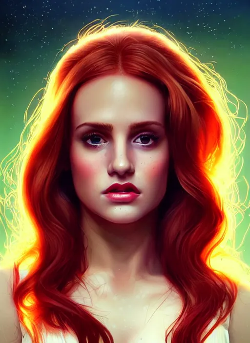 Image similar to full body portrait of teenage cheryl blossom, bangs, green eyes, sultry expression, red hair, sultry smirk, bangs and wavy hair, bangs, intricate, elegant, glowing lights, highly detailed, digital painting, artstation, concept art, smooth, sharp focus, illustration, art by wlop, mars ravelo and greg rutkowski