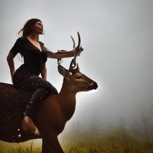 Image similar to 4 k hdr wide angle detailed portrait of a beautiful instagram model woman riding on top of a wild buck deer in a rain shower during a storm with thunder clouds overhead and moody stormy lighting sony a 7