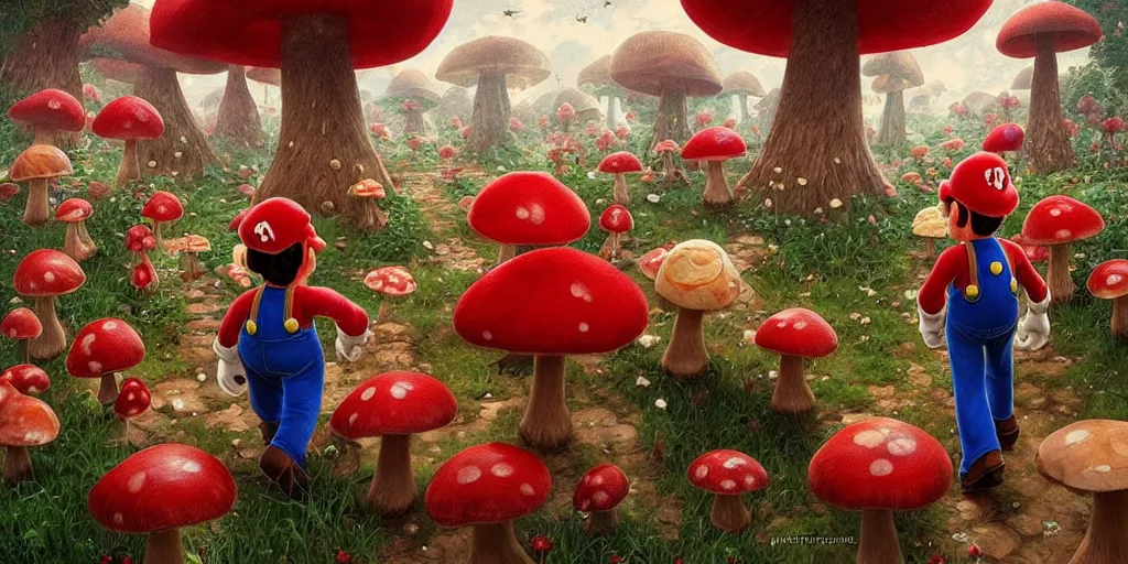 Image similar to Super Mario walking through the Mushroom Kingdom, Super Mario Theme, hundreds of red and white spotted mushrooms, by Stanley Artgerm Lau , greg rutkowski, thomas kindkade, alphonse mucha, loish, norman Rockwell