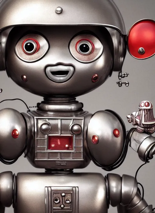 Image similar to highly detailed closeup portrait of a cute tin toy retro robot, nicoletta ceccoli, mark ryden, lostfish, earl nore, hyung tae, frank frazetta, global illumination, god rays, detailed and intricate environment