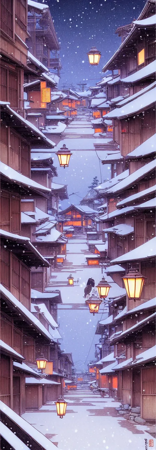 Image similar to empty rural japanese town at night, winter, in the style of studio ghibli, j. c. leyendecker, greg rutkowski, artem