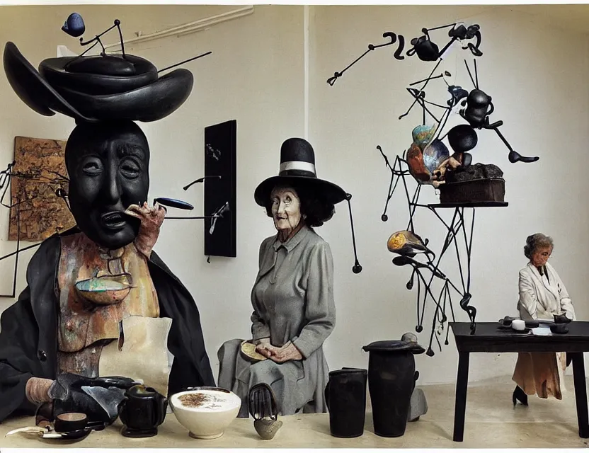 Image similar to a sculpture installation painted as a strange dusty professor in black suite and hat and a old woman making a study of drinking ten cups of black coffee in five seconds in a kitchen that is melting dali, styled by jean tinguely and niki de saint phalle