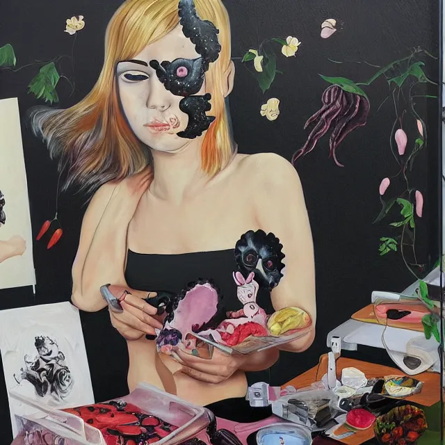 Prompt: a portrait in a female artist's zen bedroom, black walls, catgirl eating berries, sheet music, surgical supplies, pancakes, black flowers, sensual, octopus, neo - expressionism, surrealism, acrylic and spray paint and oilstick on canvas