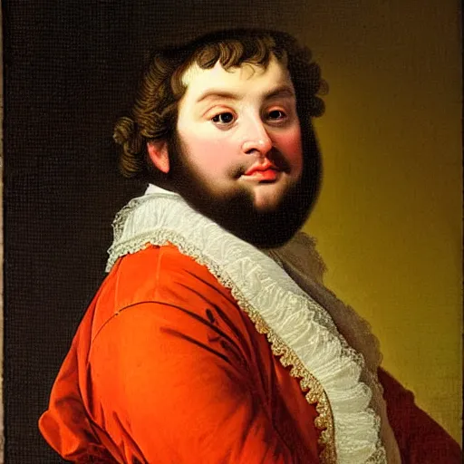 Prompt: A rococo portrait of a neckbeard as the King of France, by Jacques-Louis David, Réunion des Musées Nationaux, Louvre Catalogue photography