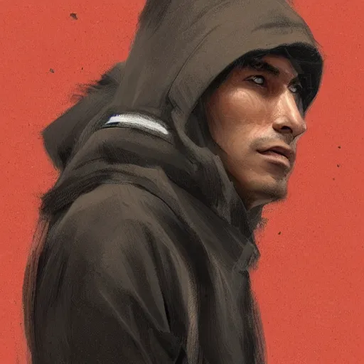 Image similar to portrait of a peruvian man by greg rutkowski, he is about 3 0 years old, short black hair with bangs, very tall and slender, he is wearing a beige and black utility jumpsuit, highly detailed portrait, digital painting, artstation, concept art, smooth, sharp focus ilustration, artstation hq