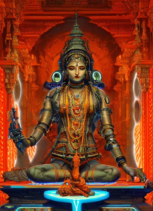 Prompt: cybertronic shiva statue in a hindu temple, futuristic, neal ashermiles johnston kuroda realism ozabu john william godward, painterly, yoshitak, sci - fi, cyberpunk, artstation, conceptual, hyperdetailed, donato giancola, james gurney, neon lights, mood lighting, rust