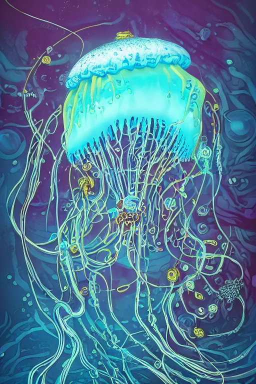 Image similar to a picture of mysterious colourful underwater jellyfish, being discovered by a man in a steampunk diving suit. water is deep aquamarine coloured. poster art by james jean, concept art, behance contest winner, very detailed, award - winning. lovecraftian, cosmic horror, bioluminescence.