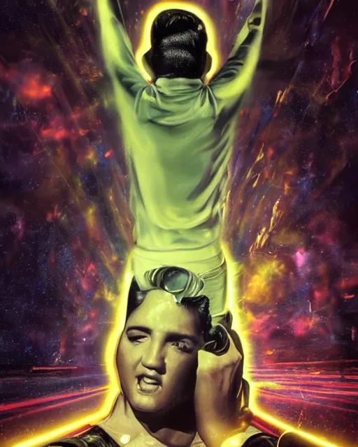 Image similar to a powerful energy elvis presley, by alexander fedosav, hyper detailed digital matte painting, concept art, hyperrealism, 1 6 k resolution, cinema 4 d, 8 k resolution, trending on artstation, behance hd, a masterpiece, by stephan martiniere, particles, cel - shaded, power bright neon energy, by david a. hardy,