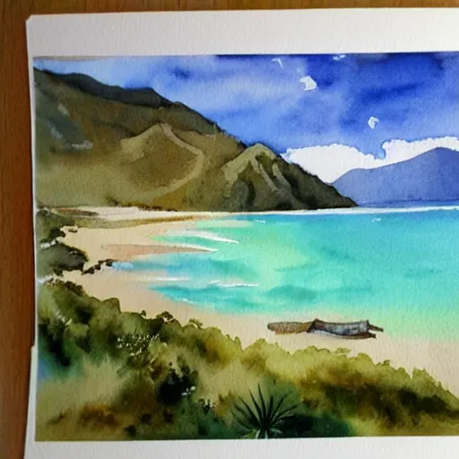 Image similar to golden bay new zealand, abel tasman, amazing watercolor painting, trending on artstation