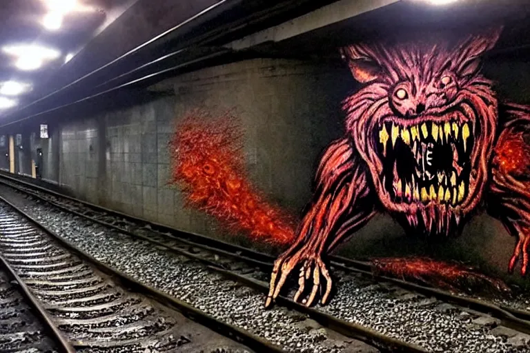 Image similar to very large giant mutant zombie irradiated ( angry rat ) staying on railways in tonnel of moscow subway. tonnel, railways, giant angry rat, furr, fangs, very realistic. extreme long shot, rusty colors, anish kapoor, ( herman nitsch, giger ).