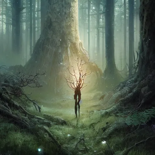 Image similar to highly detailed creepy forest humanoide creature, stephen bliss, unreal engine, fantasy art by greg rutkowski, loish, rhads, ferdinand knab, makoto shinkai and lois van baarle, ilya kuvshinov, rossdraws, tom bagshaw, global illumination, radiant light, detailed and intricate environment