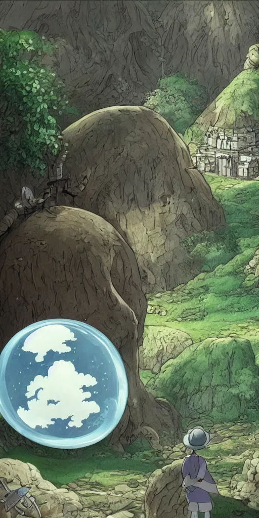 Prompt: realistic interior shot from howls moving castle ( 2 0 0 4 ) of a scientist and a cubic silver pocket watch in a woodland pyramid valley. bubble. cartoon depth of field.