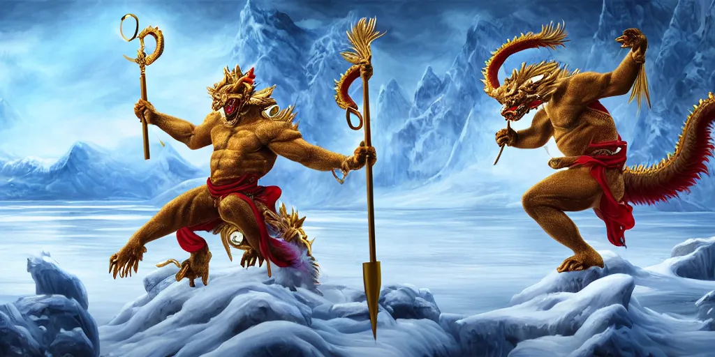 Prompt: a beautiful oil painting of a chinese dragon with white scales about the ice lake, sun wukong holding a long golden stick stand on the ice lake, surrounded by snow mountains and heavy snow, cinematic shots, aftereffects, epic, game cg style, trending on artstation, wide view, cinematic light, 8 k