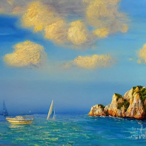 Image similar to italy, capri coast, sea, sunny day, summer, sailing boat, clouds on the sky, oil painting style,