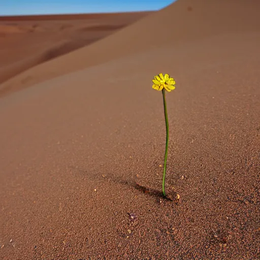 Prompt: a single small pretty desert flower blooms in the middle of a bleak arid empty desert next to a topaz crystal partly revealed, background sand dunes, clear sky, low angle, dramatic, cinematic, tranquil, alive, life.