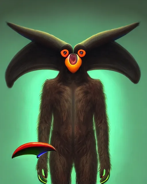 Prompt: realistic bipedal sloth character, long curly fur, full skull shaped face cover, mage robe based on a toucan, 6 toucan beaks, in the style of zdzislaw beksinski, stylized, video animation, hogwarts legacy, chromatic aberration, super natural, neon glow