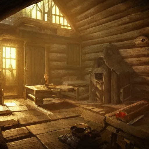 Image similar to concept art of an inside of a cabin in the woods, isometric view, detailed, volumetric lighting, style of greg rutkowski