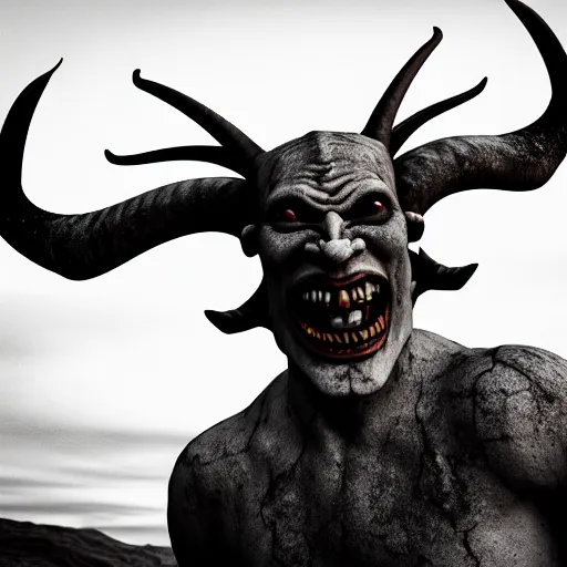 Image similar to Photo taken in the 2000's of a smiling demon with four horns and four wings, photorealistic, film still, desolate, terrifying, weird, strange, odd, uncanny, hyper realism, highly detailed, photorealism, smooth gradients, high contrast, photorealistic