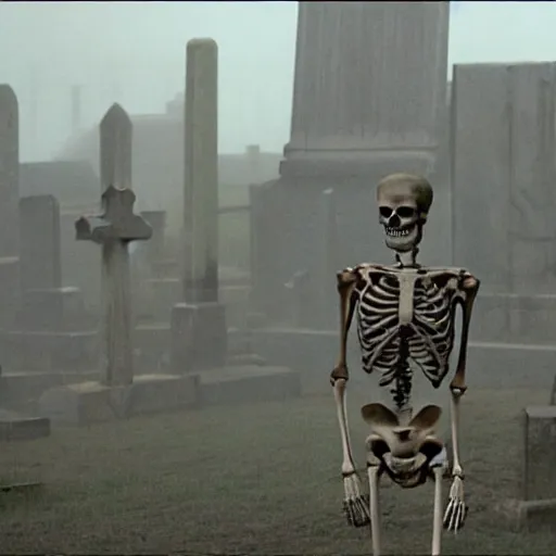 Prompt: a skeleton walking in a cemetery. still from blade runner.