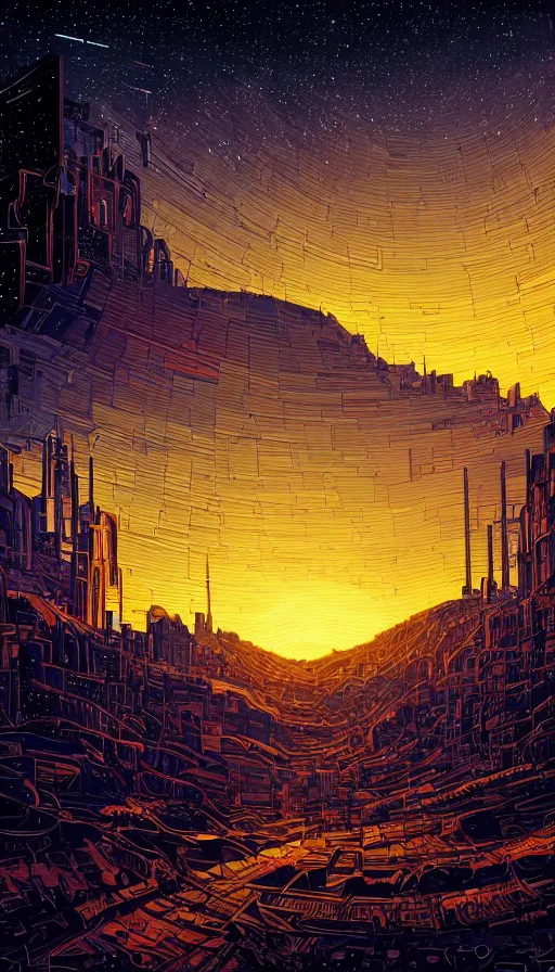 Image similar to The abandoned lands of the city under starlit sky at sunset, futurism, da vinci, Dan Mumford, Josan Gonzalez