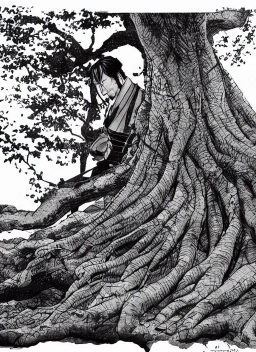 Prompt: a samurai resting beneath a giant tree, by takehiko inoue, masterpiece ink illustration, realistic face and anatomy