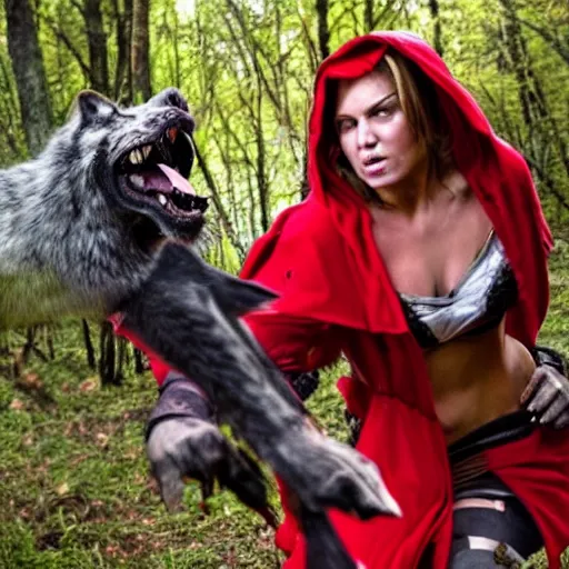 Prompt: red riding hood female warrior fending off a werewolf