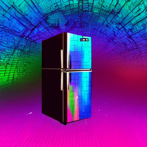Prompt: a fridge getting sucked into a black hole, synthwave, colorful, digital