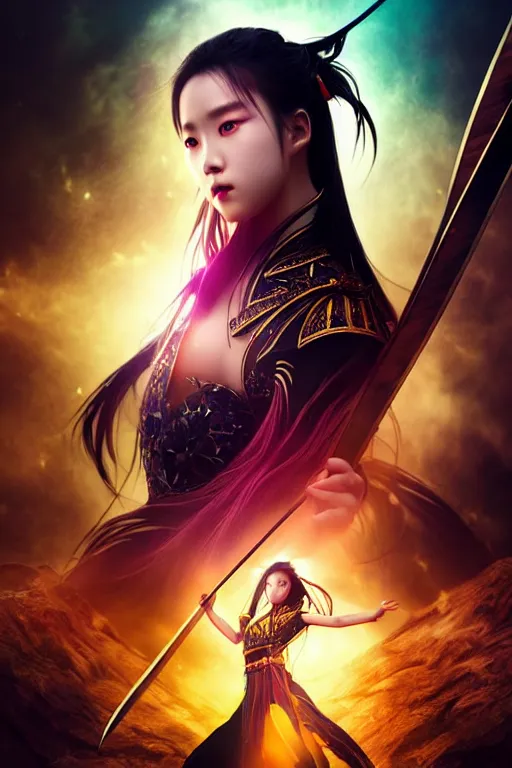 Image similar to beautiful cinematic fantasy poster, wuxia sword dance heroine, beautiful glowing galaxy eyes, hybrid from Dynasty Warriror and art direction by tian zi and WLOP and Darius Zawadzki cinematic quality character render; low angle; ultra high quality model; production quality cinema model;