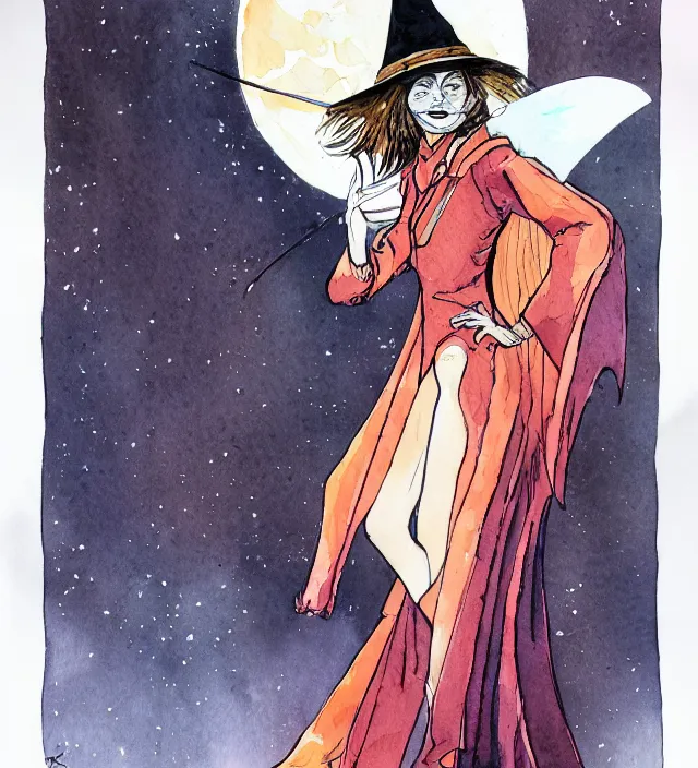 Image similar to a 3 / 4 view watercolor ink painting of velma as a wizard / vampire in the style of jean giraud in the style of moebius trending on artstation deviantart pinterest detailed realistic hd 8 k high resolution