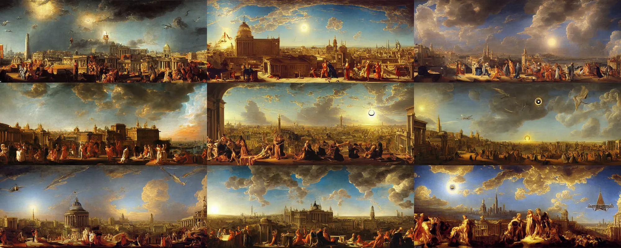 Prompt: ! dream a painting of the city of the future with an all - seeing eye in the sky by johan zoffany, highly detailed, neoclassicism, baroque, classicism