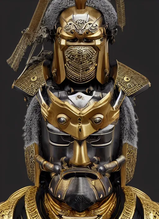 Image similar to hyper realistic glorious ancient samurai in a obsidian metal armor, futuristic design, designed by makoto kobayashi and luca zampriolo, portrait, cyberpunk style, wood and gold details, intricate, extremely detailed, ornate, deep of field, hard surface, exoskeleton, substance designer metal unreal engine. amazing likeness. very detailed.