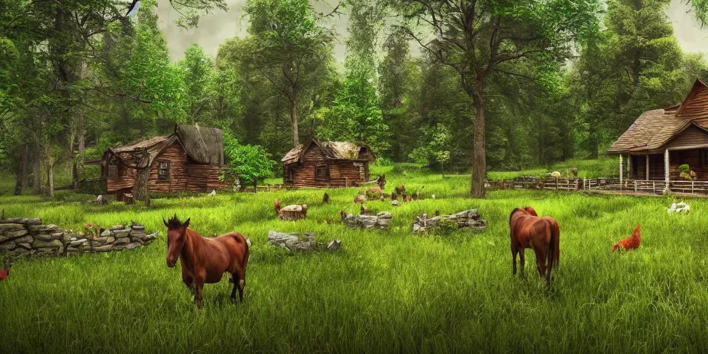 Prompt: dream render of a gorean homestead in the woods, lush, green, flowers, summer, creek, a horse, cows, chickens, matte painting, digital painting, art by patrick moncrief, 3 d, environment visualization, games, animation, video games, aaa
