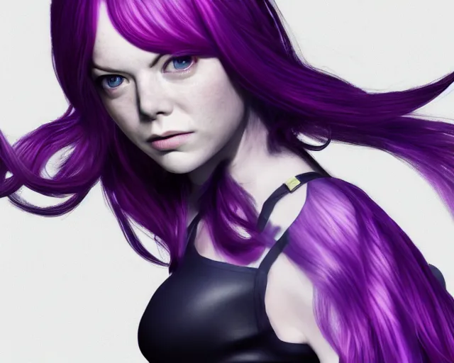 Prompt: purple-haired Emma Stone, epic knife battle pose, cinematic, 4k, hyper realistic, super detailed