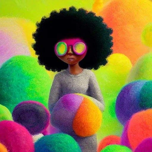 Image similar to a black girl with a colorful afro and rainbow eyes, in a candy forest! at night, bokeh, bright colours, watercolor, volumetric wool felting, macro photography, children illustration, by goro fujita