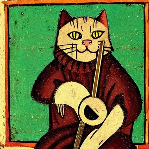 Image similar to medieval portrait of a cat playing guitar, colorful