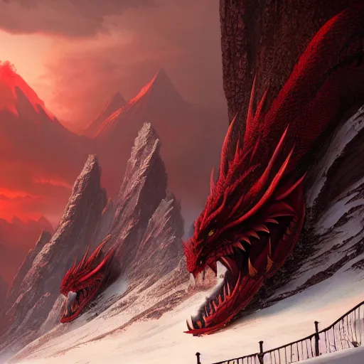 Image similar to a giant red dragon sitting on blizzardy mountains, Matte painting , detailed painting, made by Greg Rutkowski, 4k resolution, atmospheric, extremely high detail