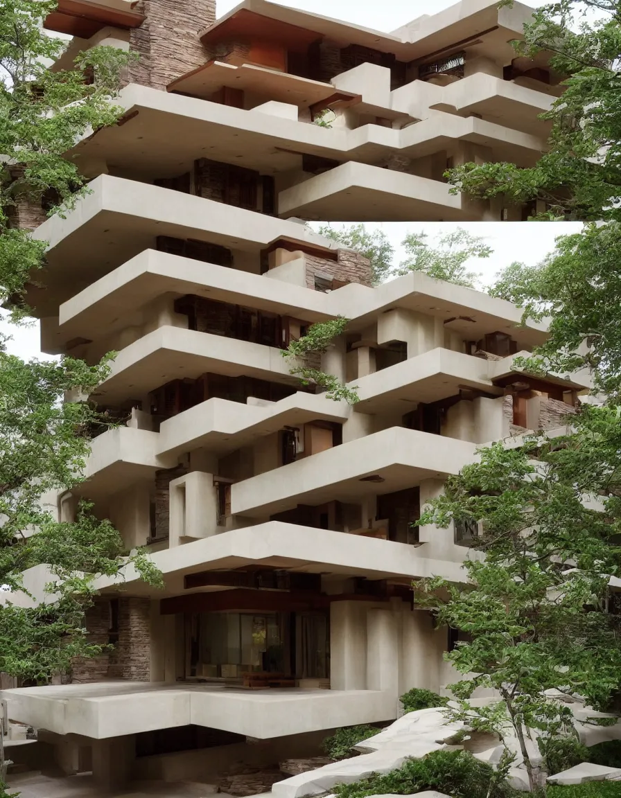 Image similar to a flowing villa with architectural design ， by frank lloyd wright ， trending ，