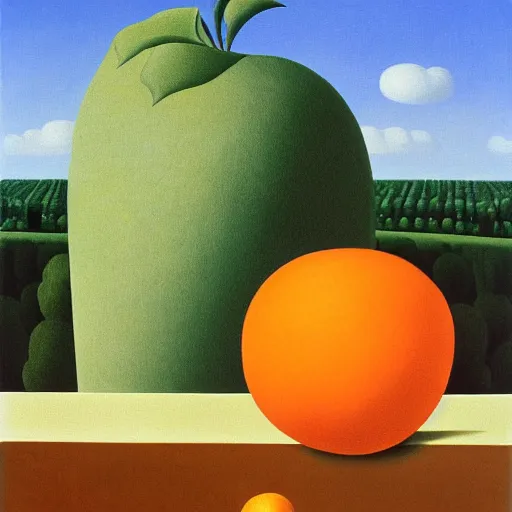 Prompt: the son of man but with an orange instead of an apple, painting by rene magritte, high detail, high resolution