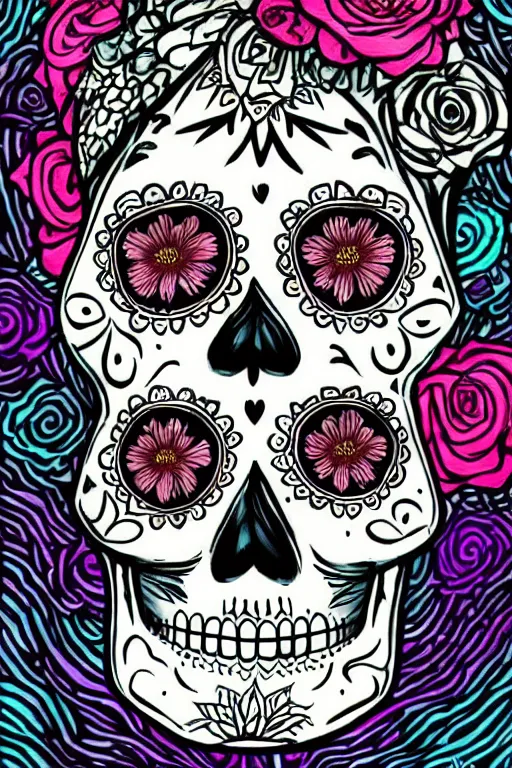 Prompt: Illustration of a sugar skull day of the dead girl, art by Tim Shumate