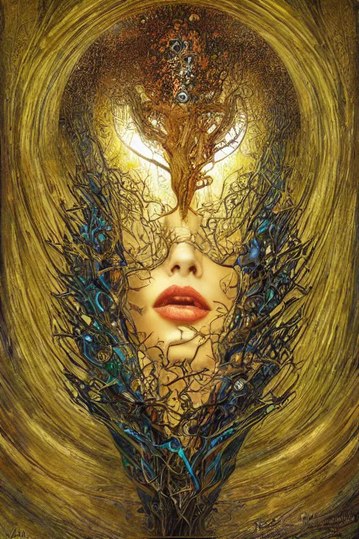 Image similar to The Heart of Thorns by Karol Bak, Jean Deville, Gustav Klimt, and Vincent Van Gogh, otherworldly, fractal structures, arcane, prophecy, ornate gilded medieval icon, third eye, spirals