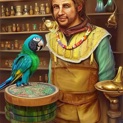 Image similar to Anthropomorphized parrot trader in his shop, selling his wares, portrait, items, gold, magic potions, carpet, window, sly expression , cunning expression, cute expression, beautiful beak, presenting wares, holding a gold bag, D&D, fantasy, cinematic lighting, highly detailed, digital painting, artstation, concept art, smooth, sharp focus, illustration, warm light, cozy warm tint, magic the gathering artwork, volumetric lighting, 8k, art by Akihiko Yoshida, Greg Rutkowski