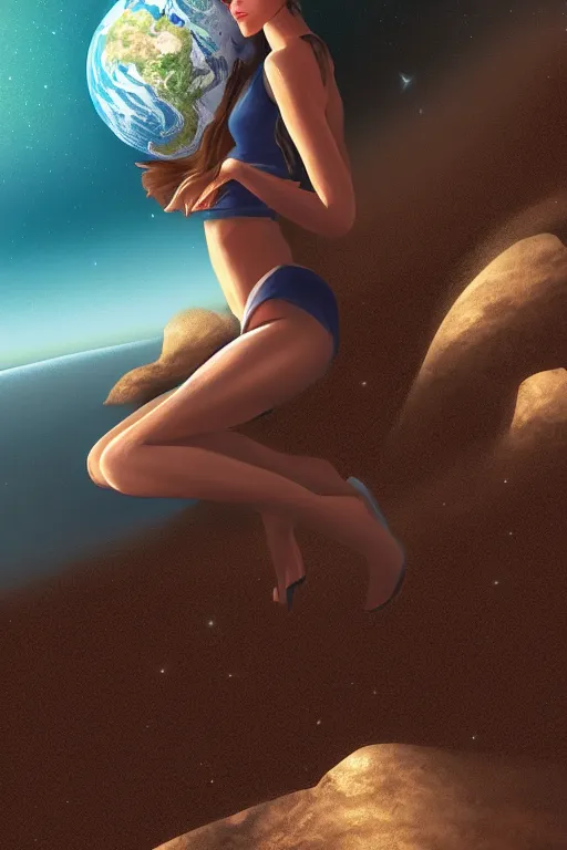 Image similar to Beautiful Woman sitting on the moon with a view of the earth in the background, digital painting, highly detailed, artstation, concept art, smooth, sharp focus, illustration.