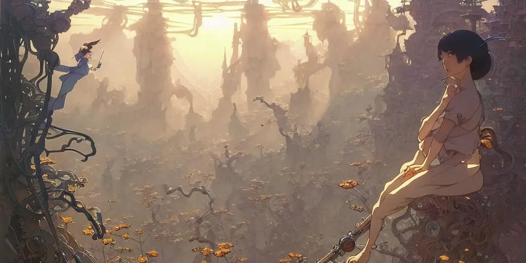 Image similar to twist your tiny lies into the spoon, spinning a web with your metallurgy. by hayao miyazaki and rossdraws and artgerm and greg rutkowski and alphonse mucha and studio ghibli. high quality, stunning, intricate detailed environment. 8 k