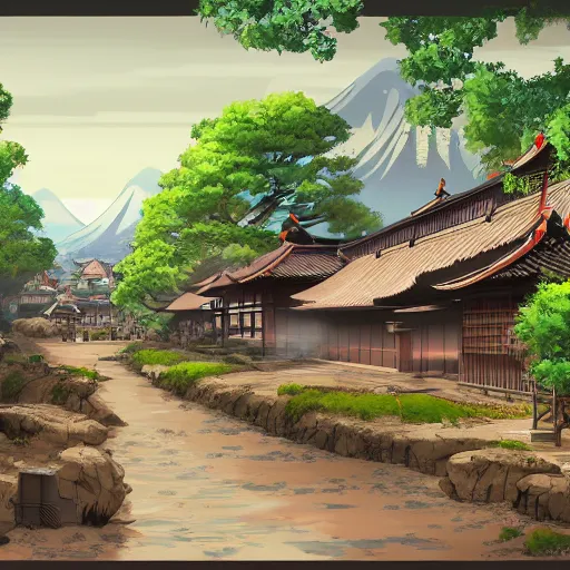 Image similar to a Japanese village in the style of anime, in the style of Keen Art on Artstation and in the style of Surendra Rajawat on Artstation , 4k,
