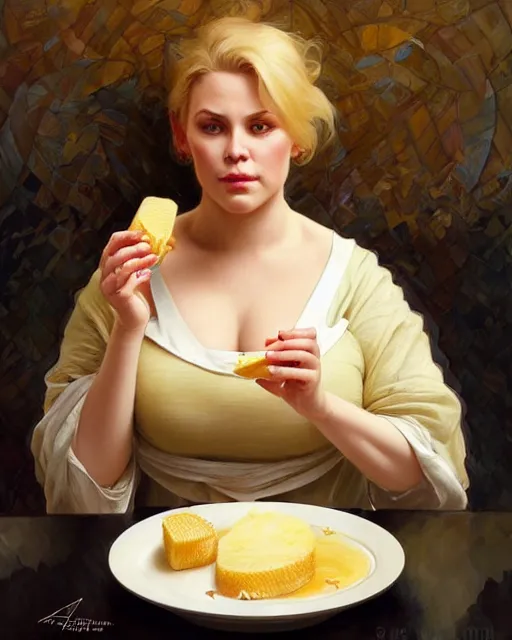 Image similar to Portrait of a fat drunk blond woman eating a pineapple dessert,real life skin, intricate, elegant, highly detailed, artstation, concept art, smooth, sharp focus, art by artgerm and greg rutkowski and alphonse mucha