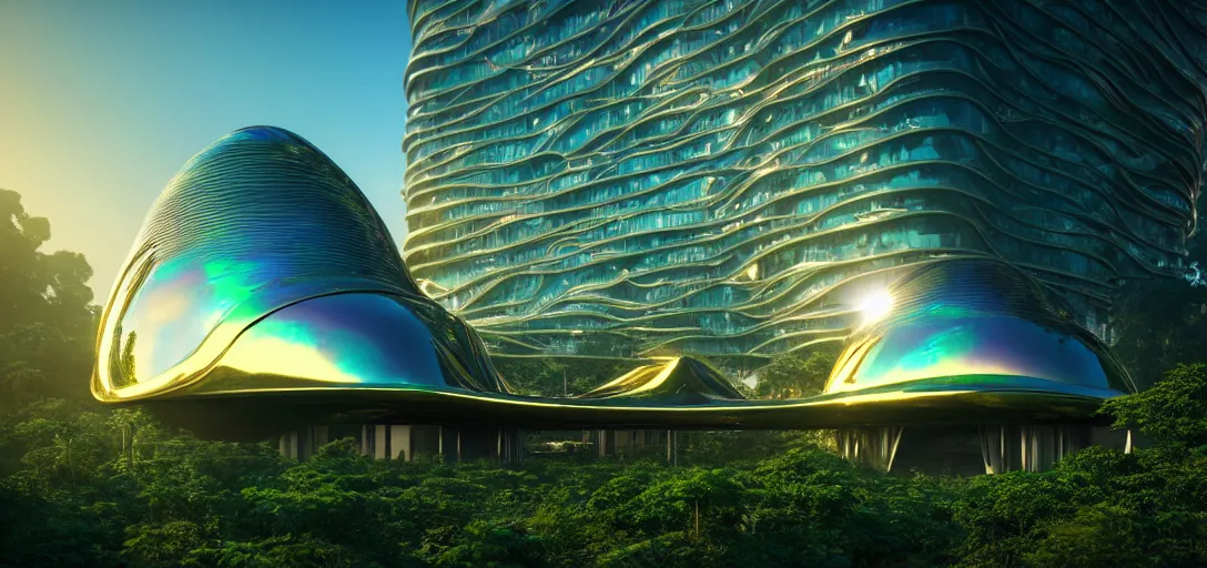 Image similar to futuristic shinny golden iridiscent mirror building in an jungle landscape of a biopunk city by zaha hadid and eladio dieste, movie poster, golden ratio, evening lighting, film still, realistic, octane render redshift arnold materials unreal engine, 8 k post production, hyper detailed