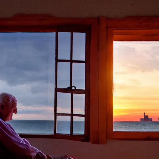 Image similar to A very old man, sitting in a chair in front of a window, looking out at a beautiful sunset award winning photograph