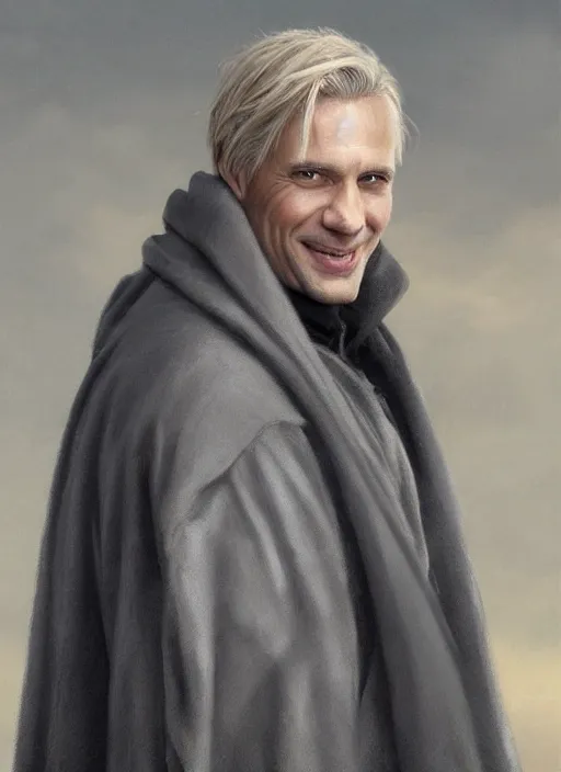 Image similar to a clean shaven man aged 4 0 with tousled blonde hair and hazel eyes and a friendly smile. he is handsome and wearing a grey cloak. head and shoulders portrait painting by greg rutkowski and raymond swanland.