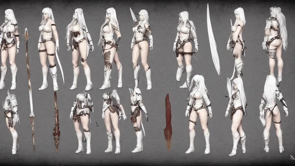 Image similar to a fantasy female barbarian with white hair character design sheet, trending on artstation